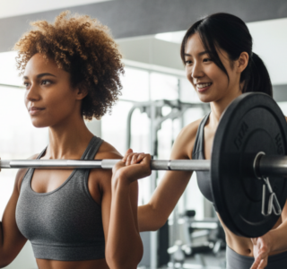 two women lifting weights in the gym