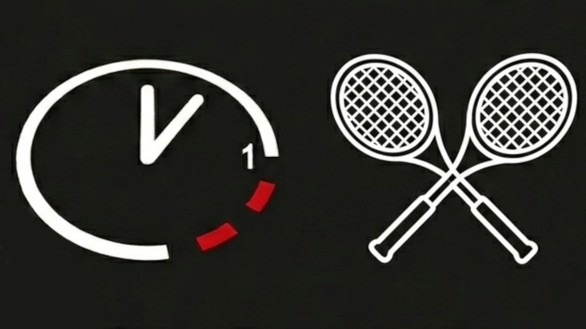 A badminton and tennis racket silhouette in the shape of an X next to an image of a clock marking 1 hour